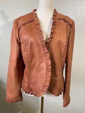 Bagatelle Genuine Leather Jacket Brown Ruffle Trim Boho Moto Style Sz 16 Asym